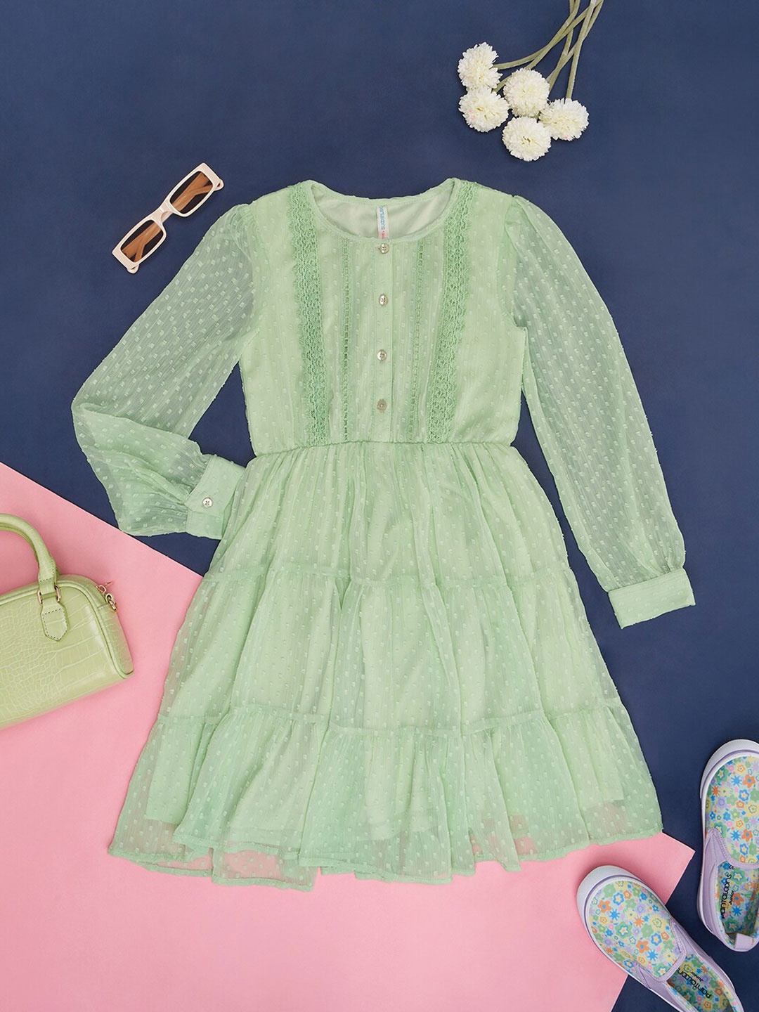 

Pantaloons Junior Girls Self Design Long Sleeves Fit & Flare Dress, Green