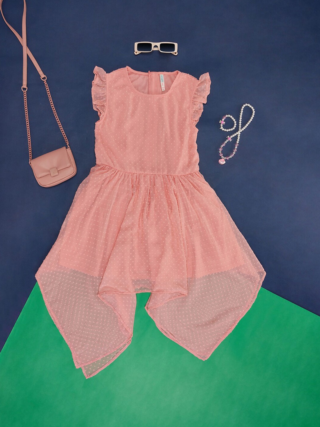 

Pantaloons Junior Girls Self Design Asymmetric Hem Cotton Fit & Flare Dress, Coral