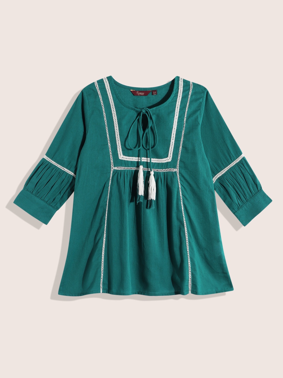 

Sangria Girls Lace Insert Detail Tie-Up Neck Pure Cotton A-Line Top, Green