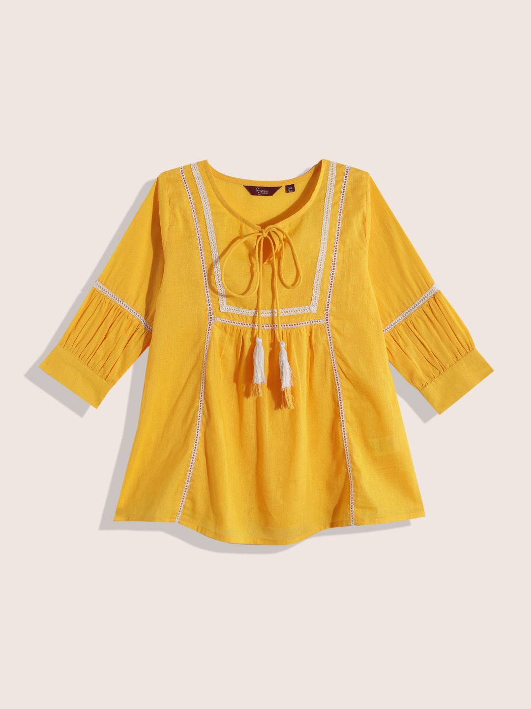 

Sangria Girls Lace Insert Detail Tie-Up Neck Pure Cotton A-Line Top, Yellow