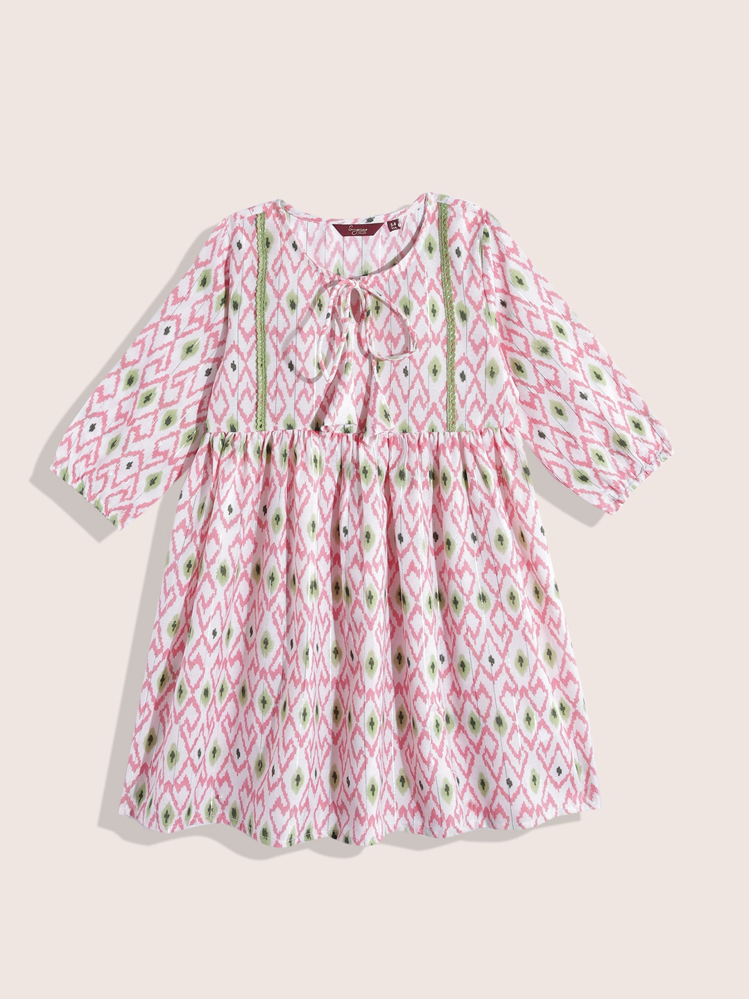 

Sangria Girls Ethnic Motifs Print Tie-Up Neck Puff Sleeve A-Line Cotton Dress, White