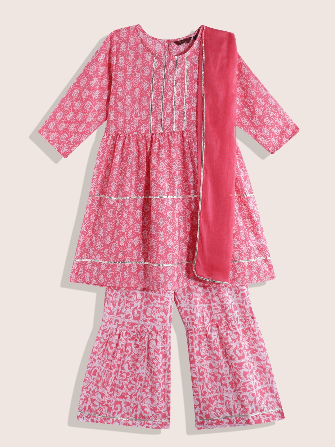 

Sangria Girls Ethnic Motifs Printed Gotta Patti Pure Cotton Kurta with Sharara & Dupatta, Pink