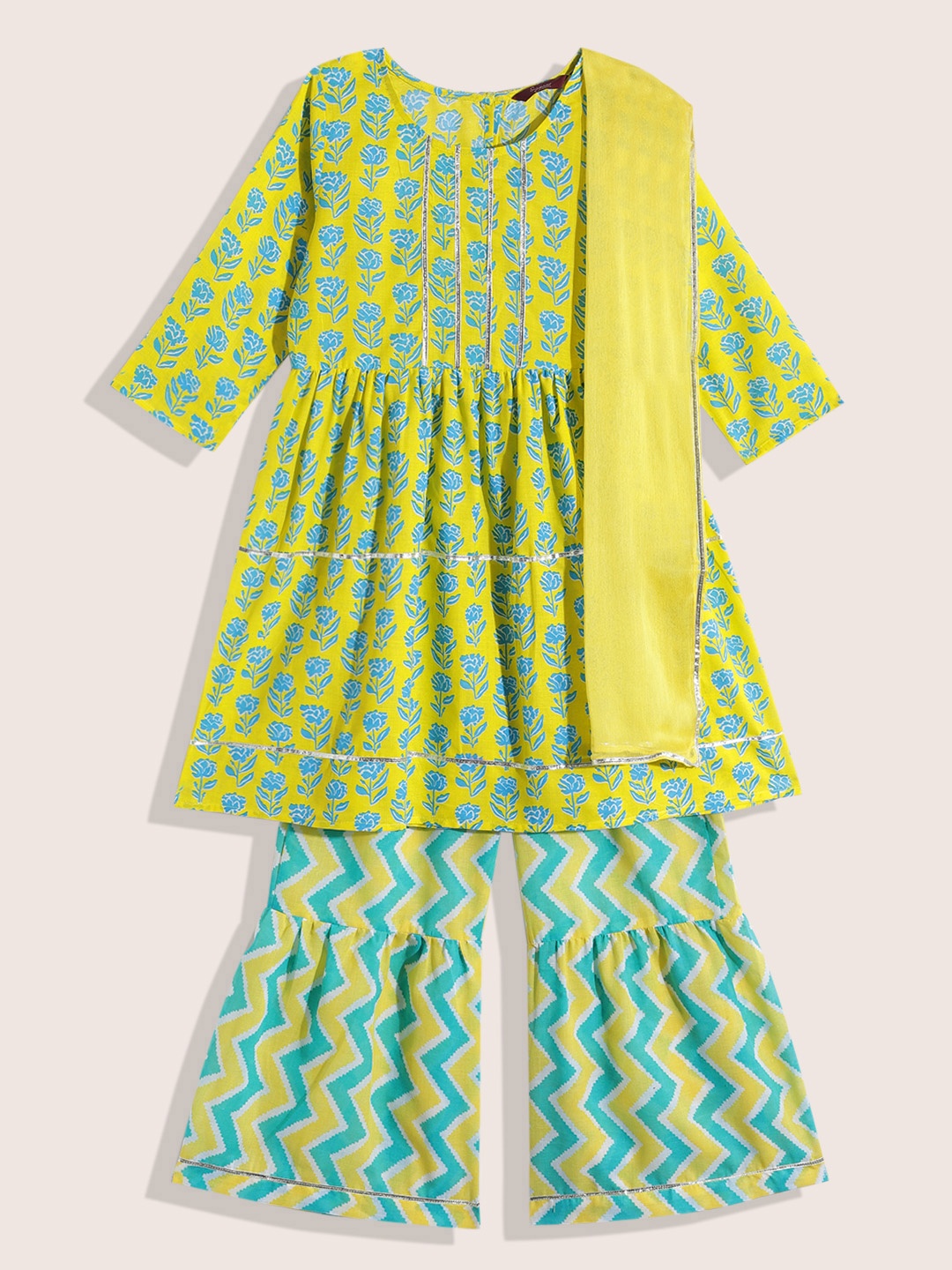 

Sangria Girls Floral Printed Gotta Patti Pure Cotton Kurta with Sharara & Dupatta, Green