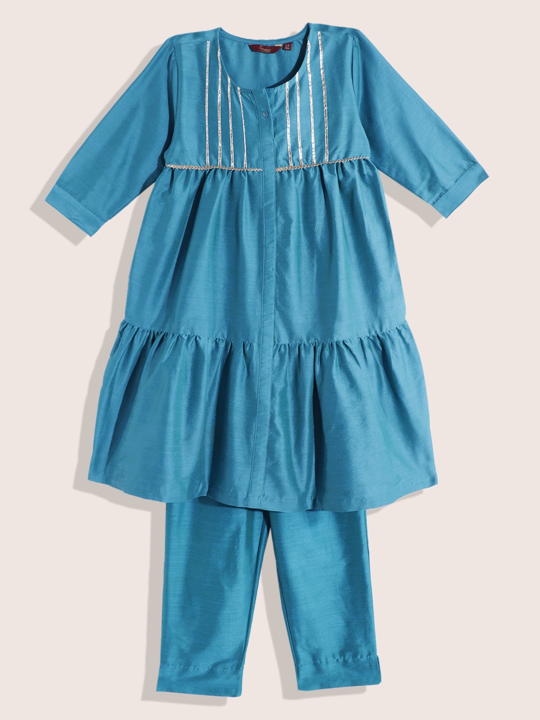 

Sangria Girls Gotta Patti Detail Tiered A-Line Kurta with Trousers, Blue