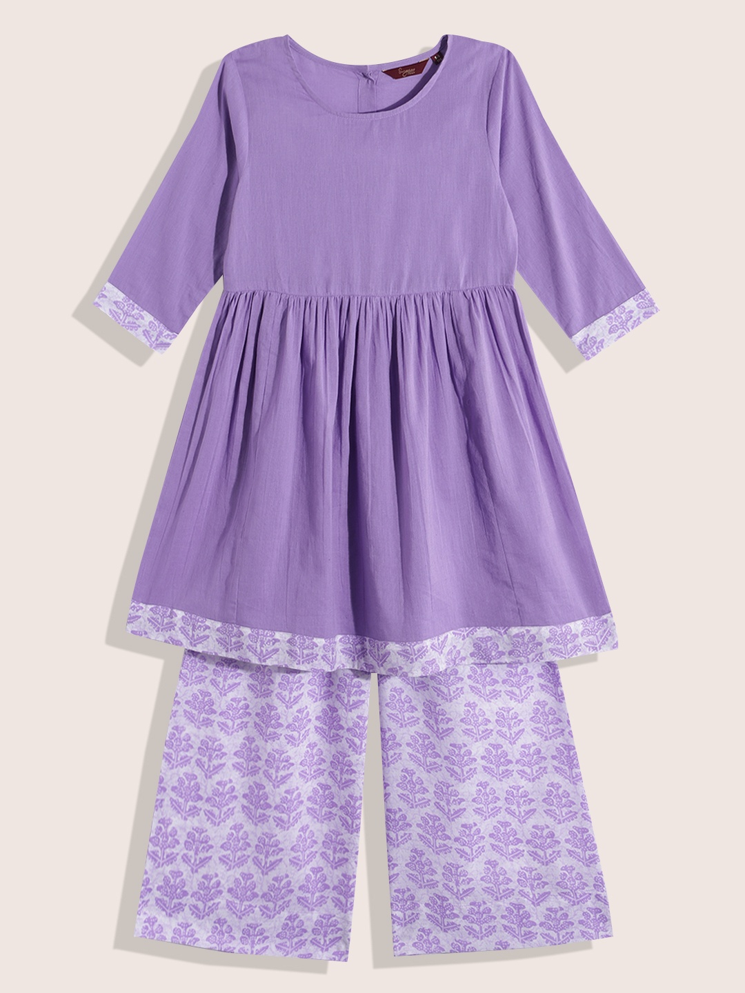 

Sangria Girls Ethnic Motifs Pleated A-Line Pure Cotton Kurta with Palazzos, Lavender