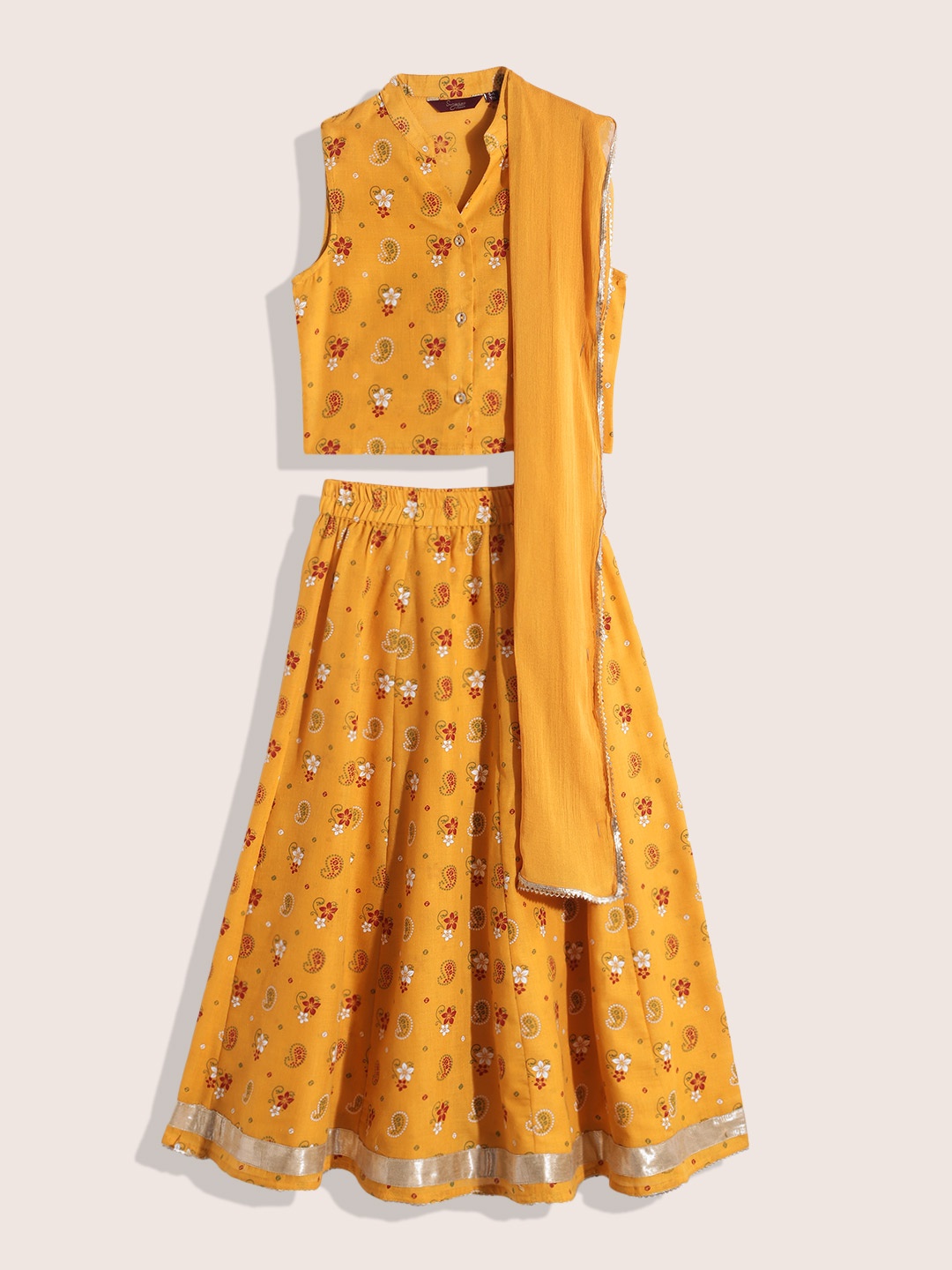 

Sangria Girls Floral Printed Ready to Wear Lehenga & Blouse With Dupatta, Mustard