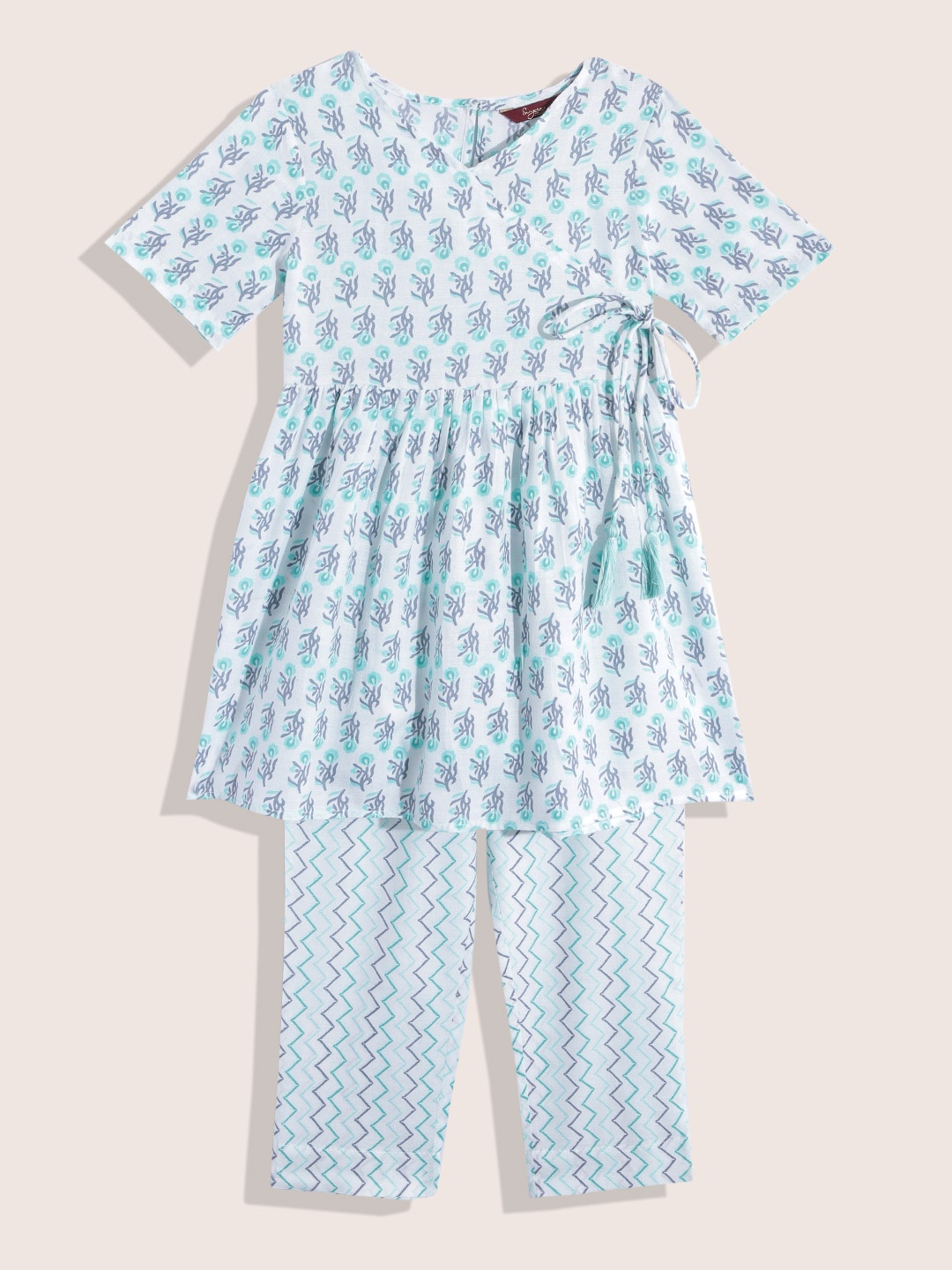 

Sangria Girls Floral Printed Angrakha Kurta with Trousers, White