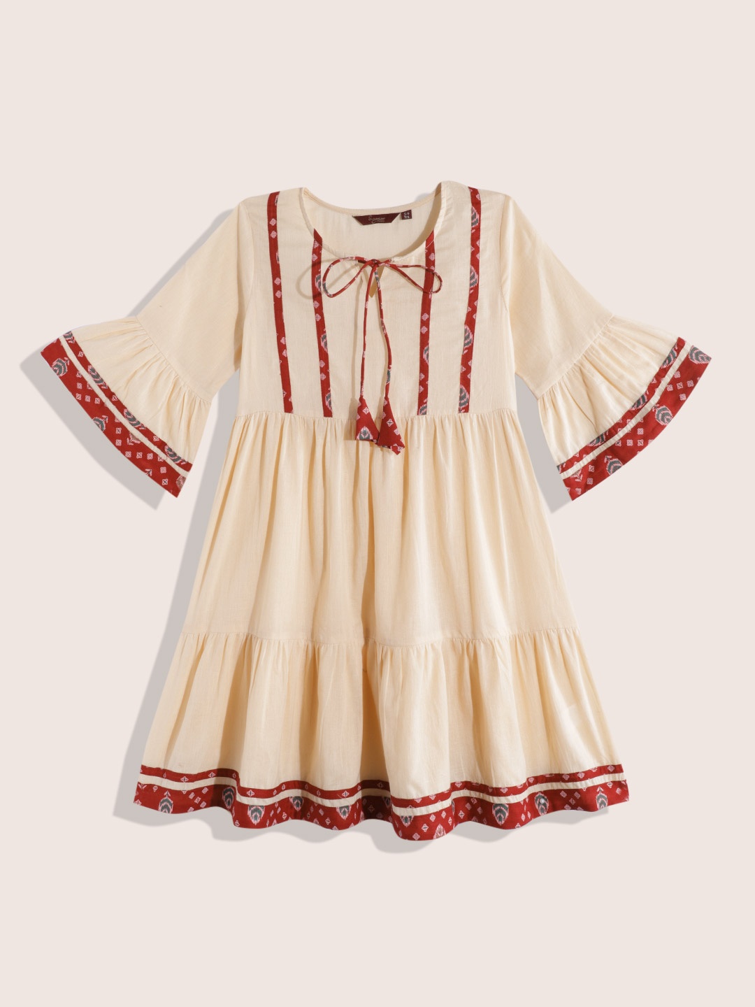 

Sangria Girls Ethnic Motifs Printed Detail Pure Cotton Tie-Up Neck Tiered A-Line Dress, Cream