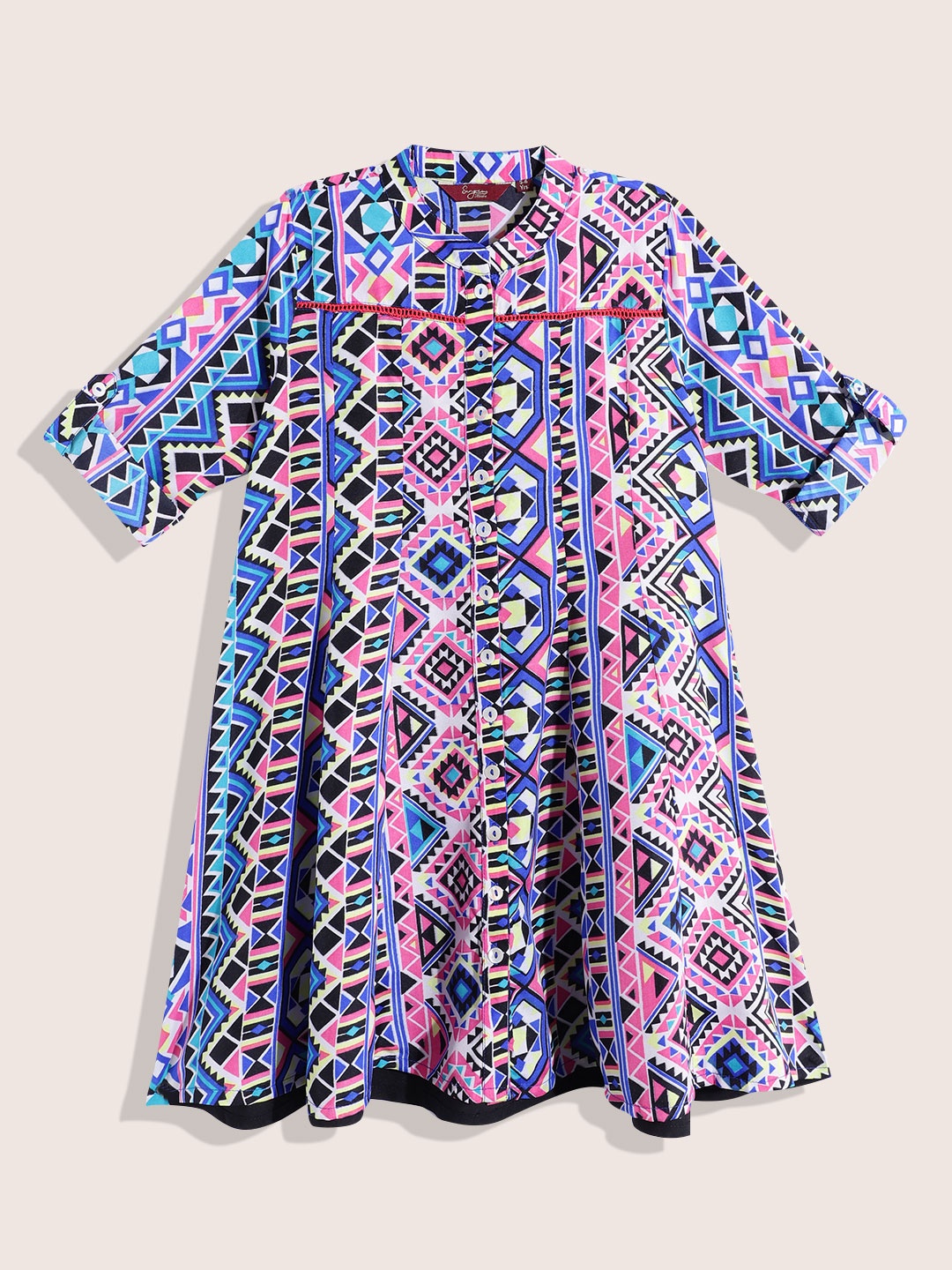 

Sangria Ethnic Motif Printed Lace Insert A-line Dress, Blue