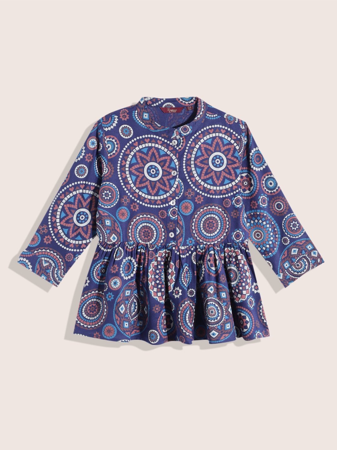 

Sangria Girls Ethnic Motifs Printed Gathered Detail Peplum Top, Navy blue