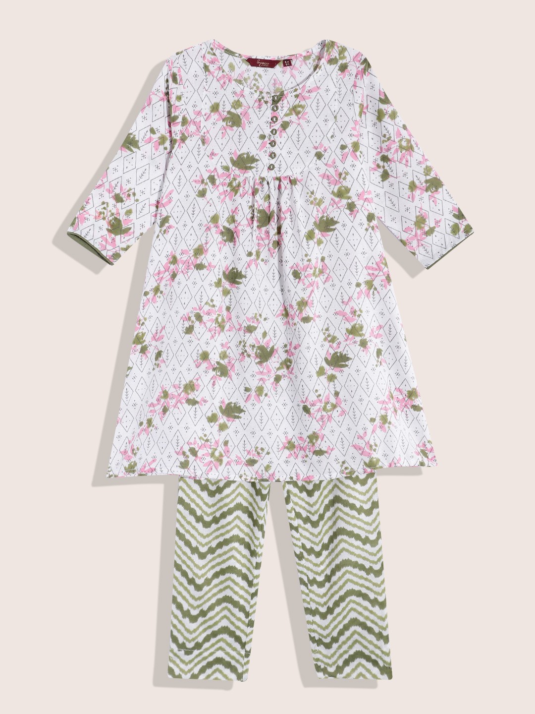 

Sangria Girls Ethnic Motifs Printed Pure Cotton A-Line Kurta with Trousers, White