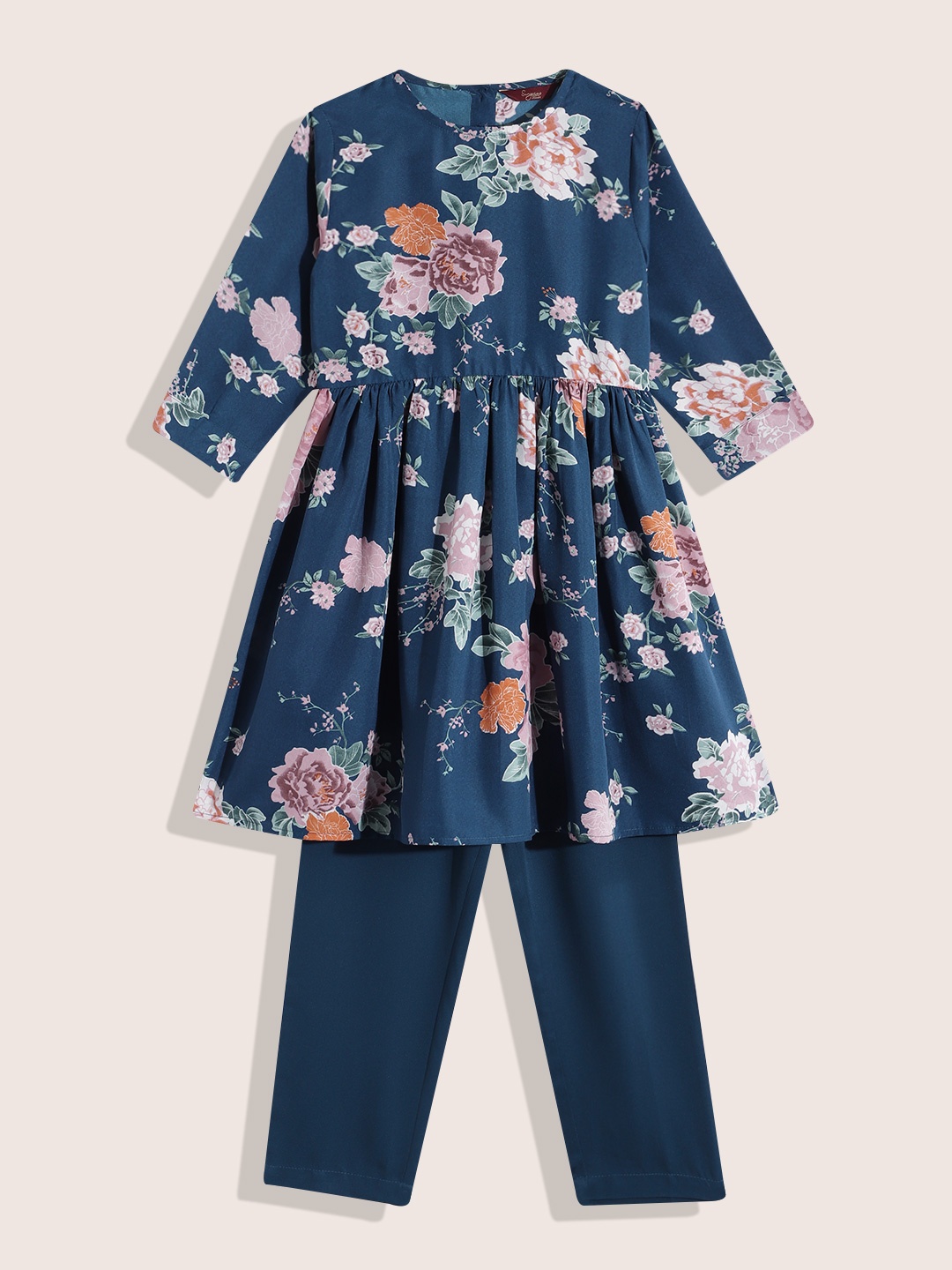 

Sangria Girls Floral Printed Gathered Detail Empire Style A-Line Kurta with Trousers, Navy blue