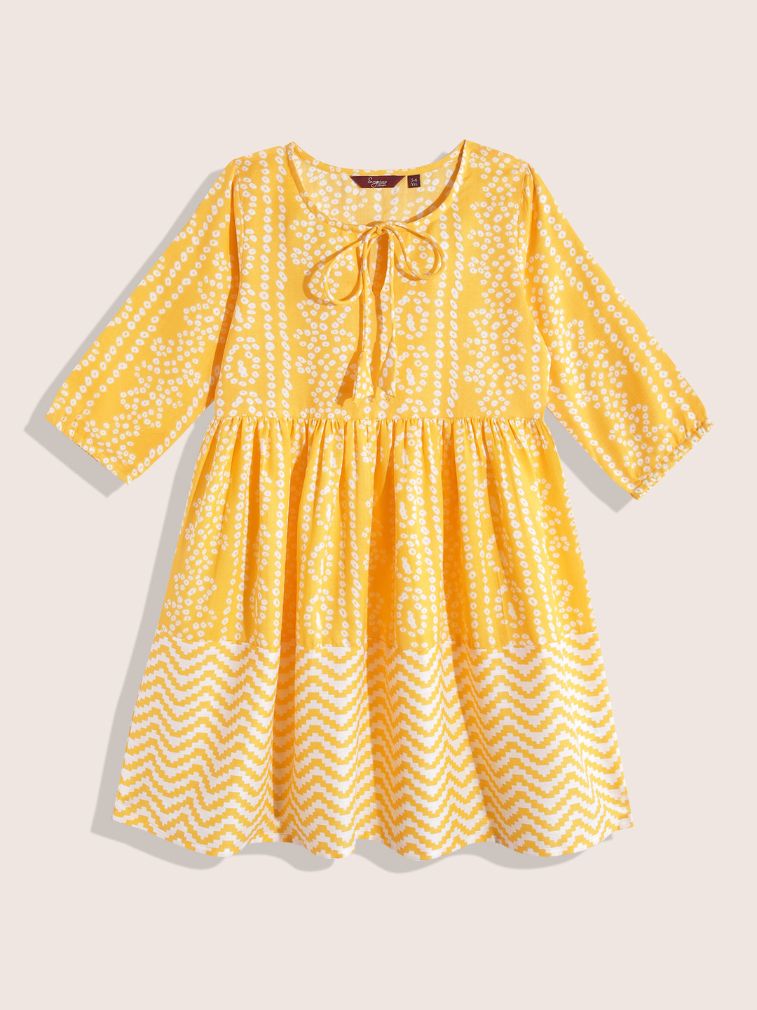 

Sangria Girls Ethnic Motifs Print Tie-Up Neck Puff Sleeve A-Line Cotton Dress, Yellow