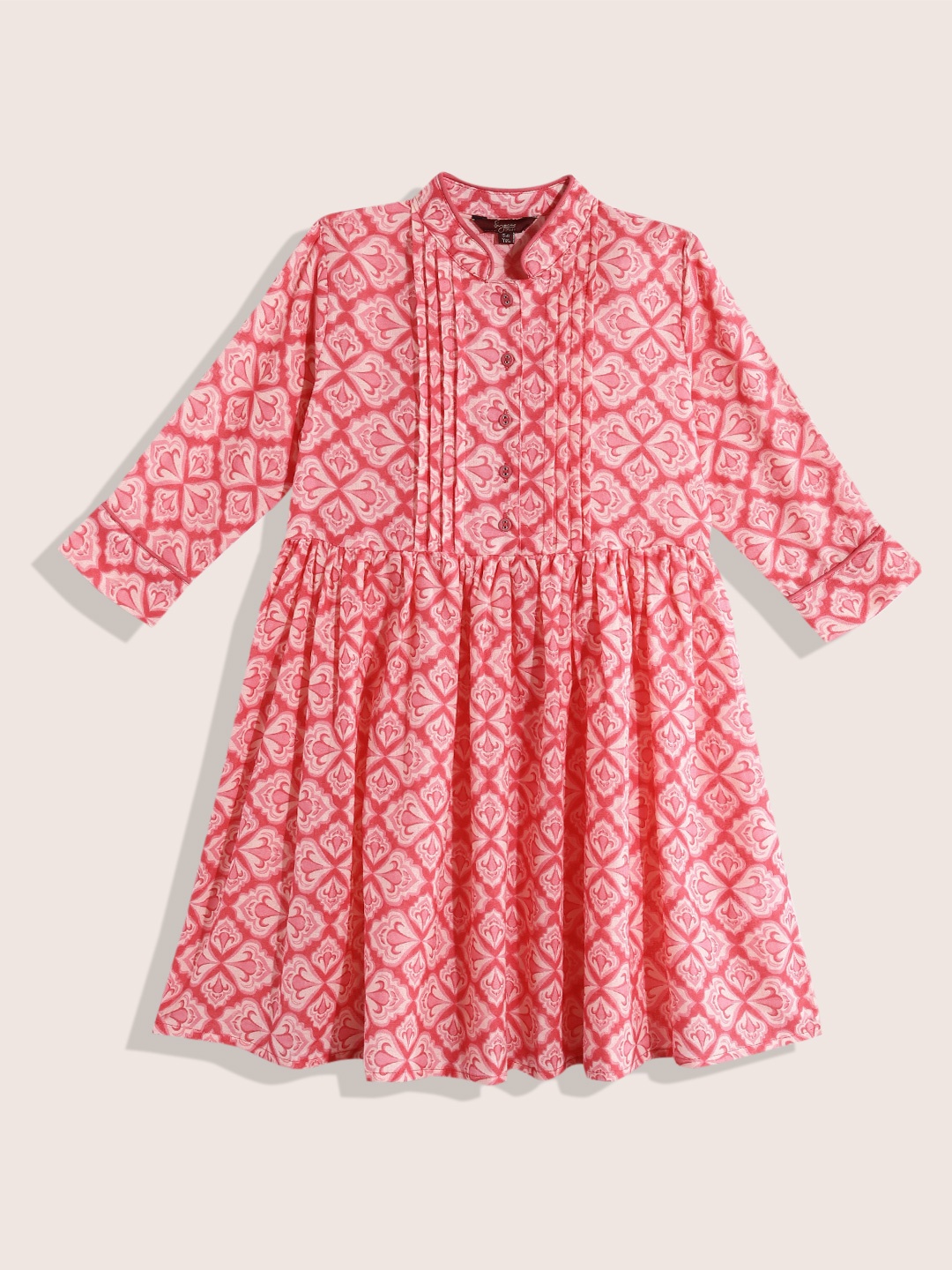 

Sangria Girls Floral Printed Pure Cotton Pleated Detail Empire Dress, Pink