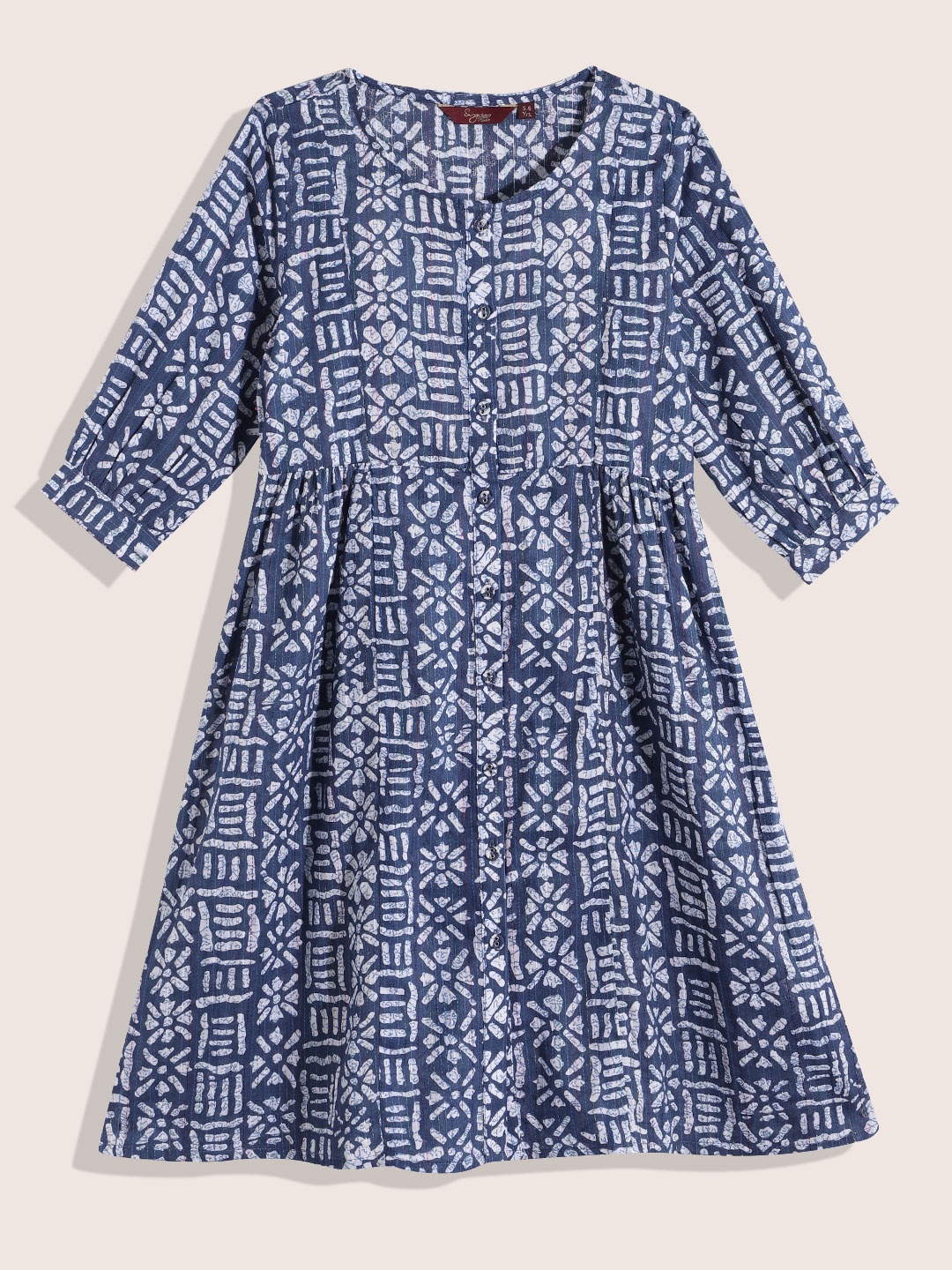 

Sangria Girls Geometric Printed Pure Cotton Empire Style A-Line Kurta with Striped Detail, Navy blue