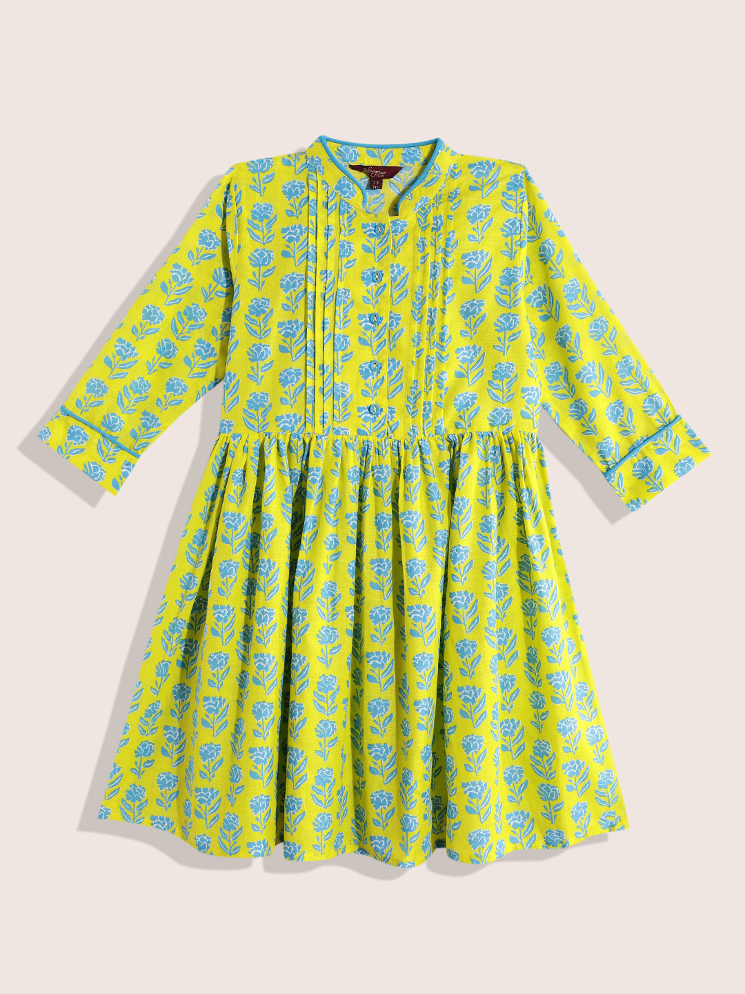 

Sangria Girls Floral Printed Pure Cotton Pleated Detail Empire Dress, Yellow