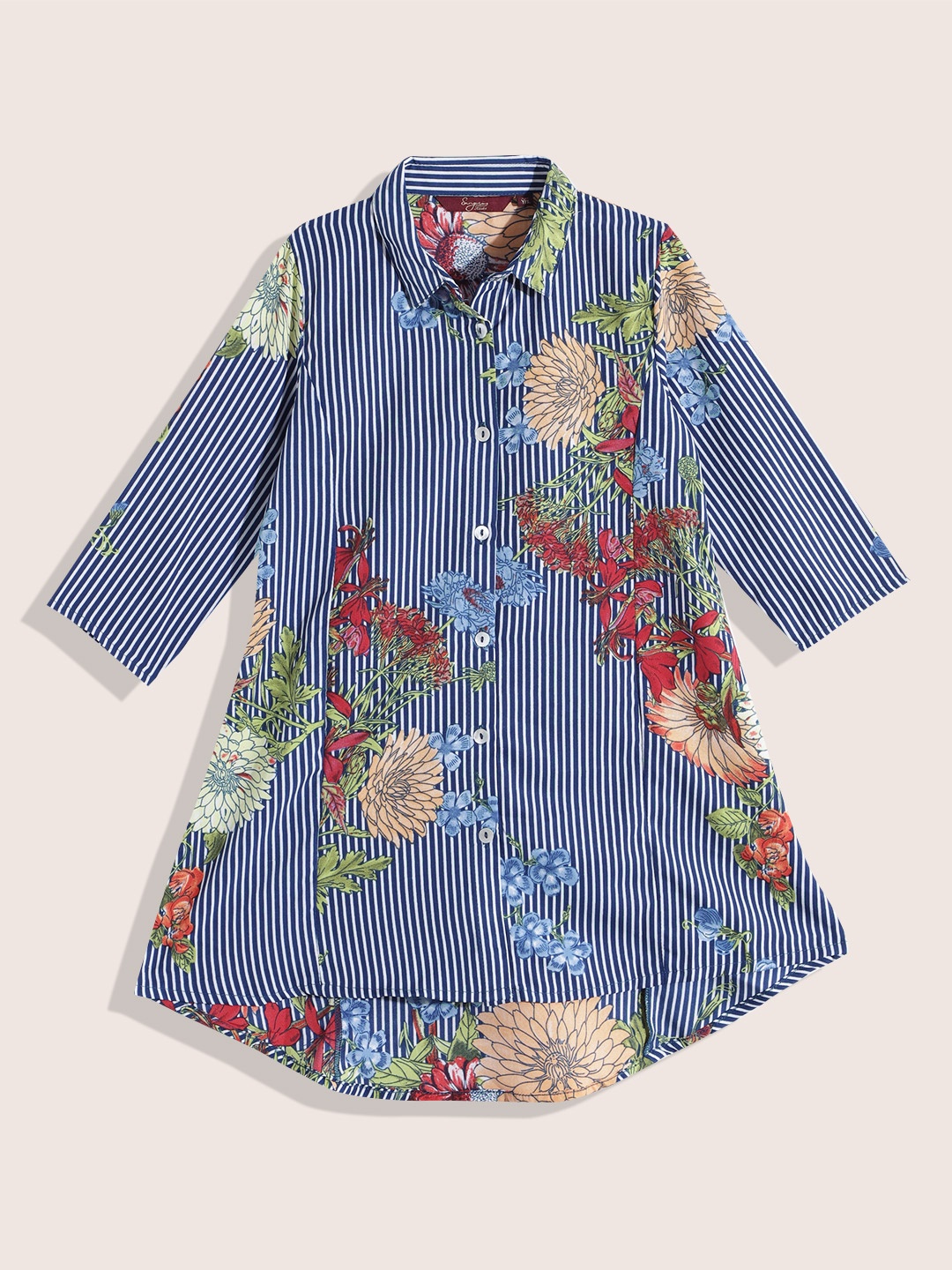 

Sangria Girls Striped & Floral Printed Shirt-Style Kurta, Navy blue