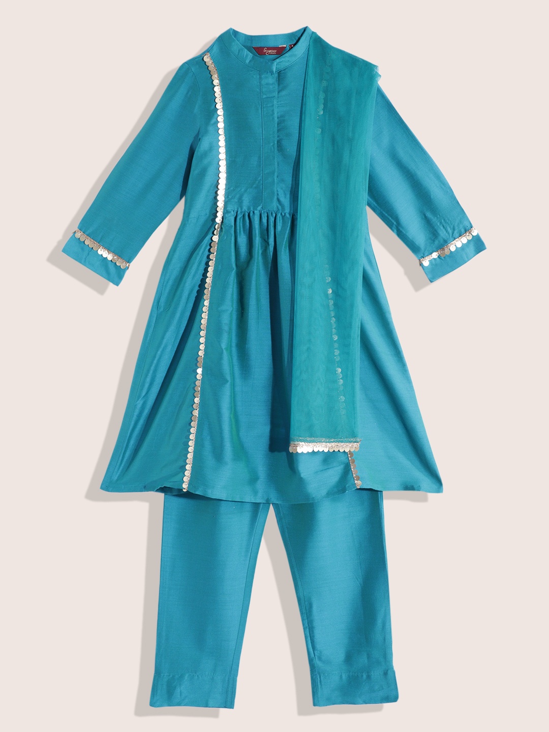 

Sangria Girls Sequinned Detail Empire Style A-Line Kurta with Trousers & Dupatta, Blue