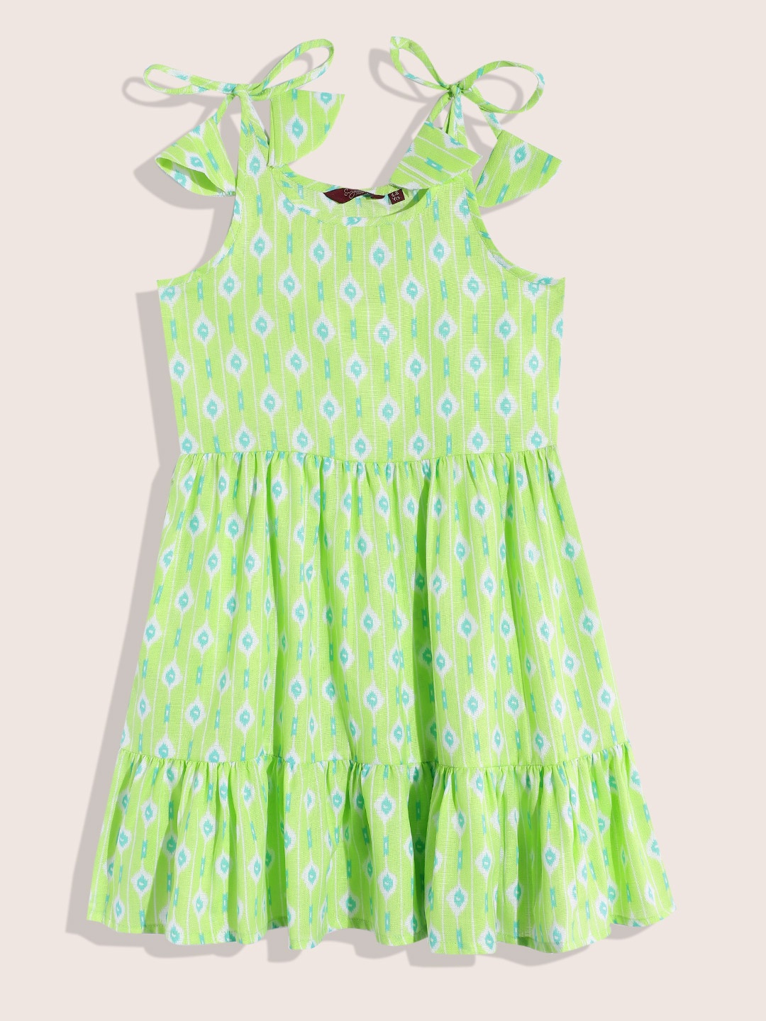 

Sangria Girls Abstract Printed Pure Cotton Tiered A-Line Dress, Green