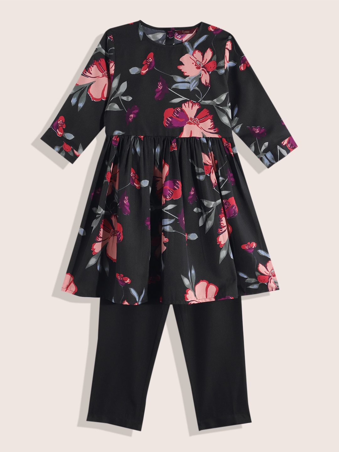 

Sangria Girls Floral Printed Flared A-Line Kurta with Trousers, Black