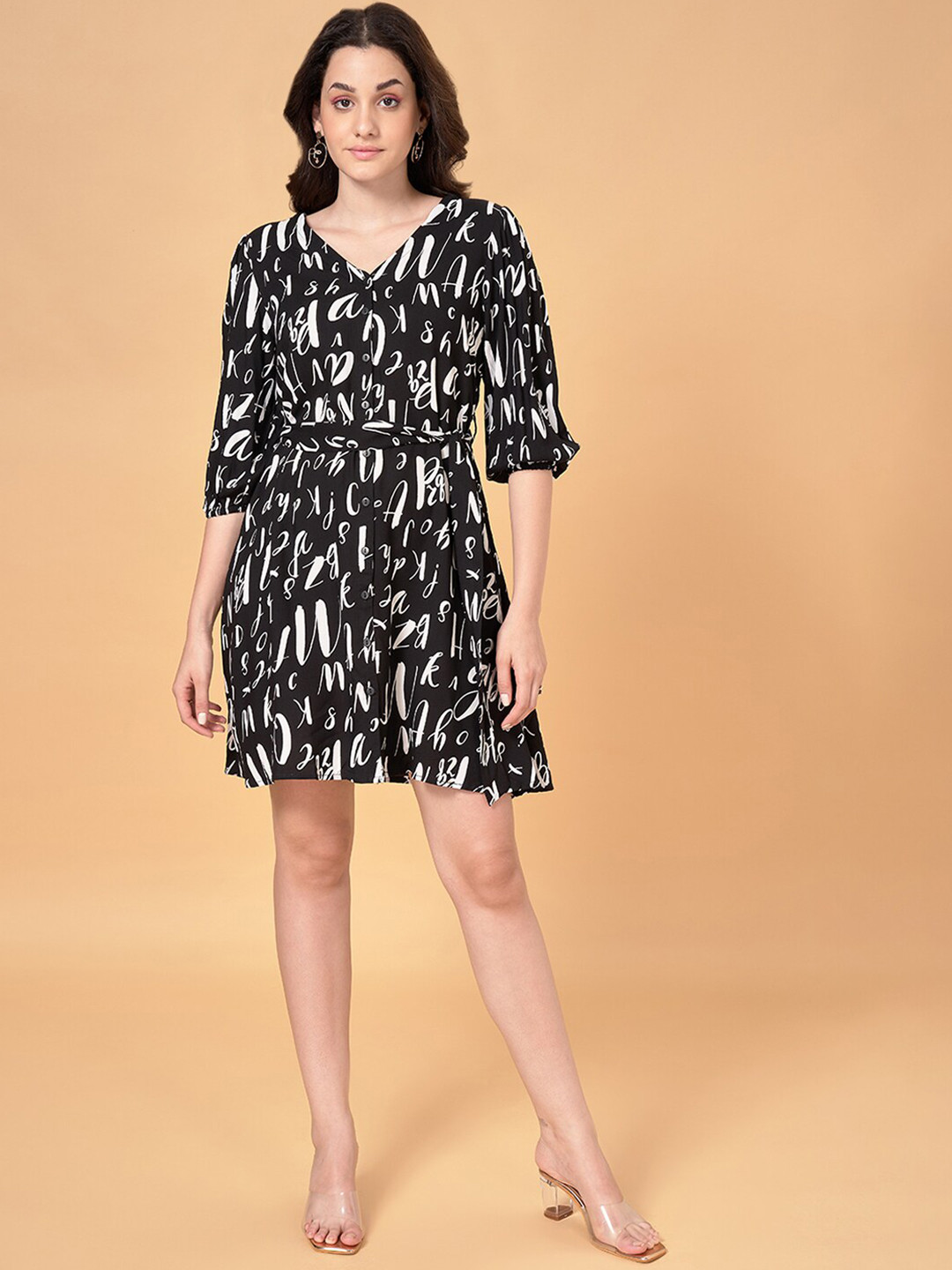 

People Typography Printed V-Neck Belted A-Line Dress, Black
