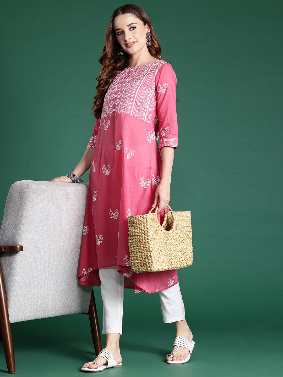 

Sangria Women Ethnic Motifs Printed Pure Cotton Kurta, Pink