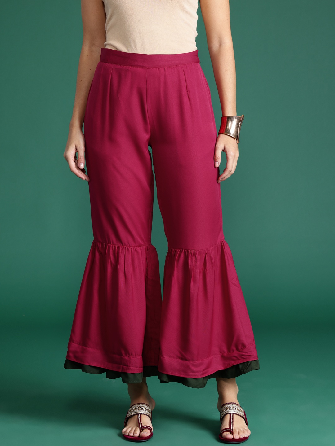 

Sangria Solid Layering Detailed Flared Fit Palazzos, Maroon