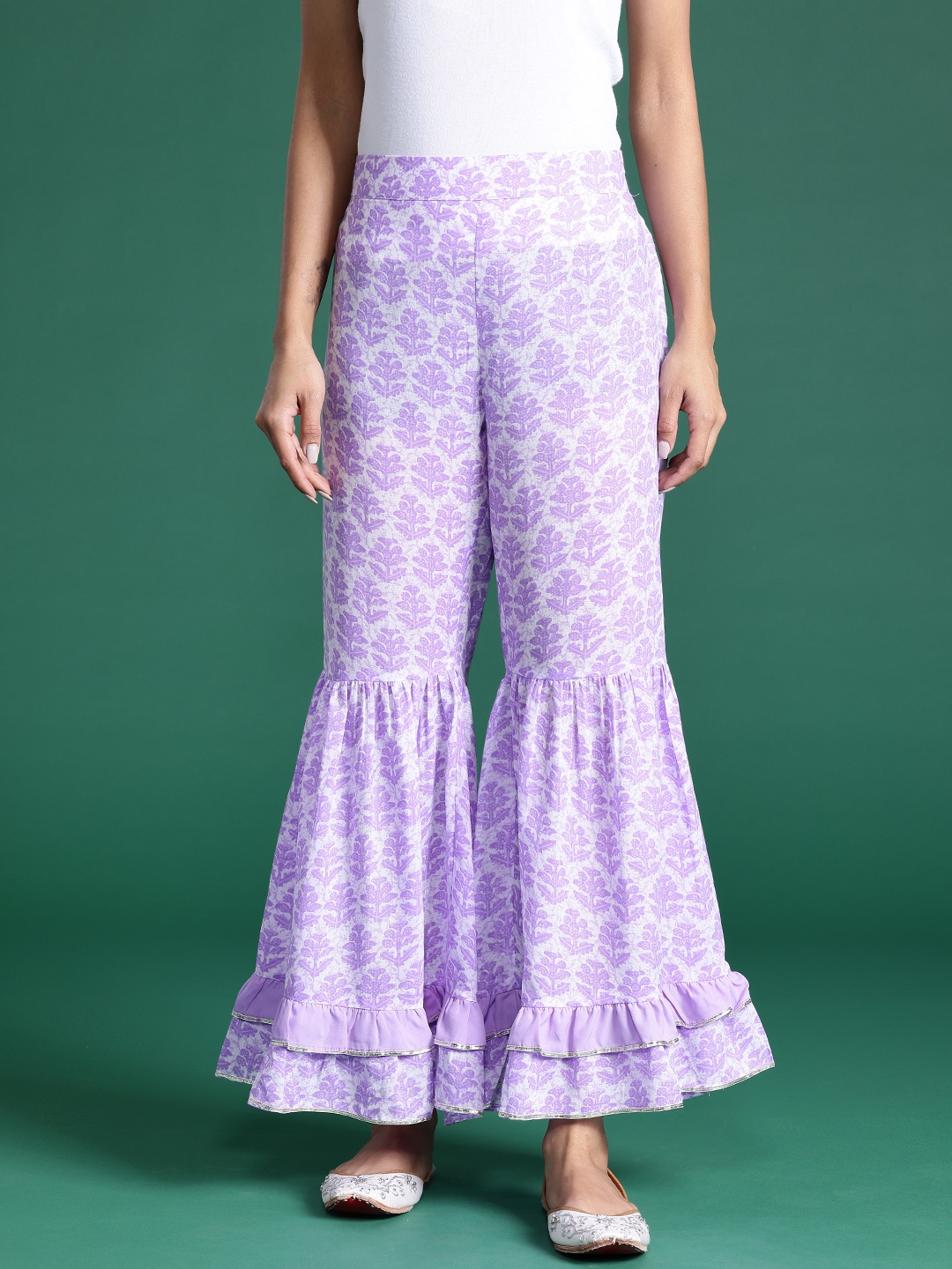 

Sangria Gotta Patti Detailed Ruffled Ethnic Printed Palazzos, Lavender
