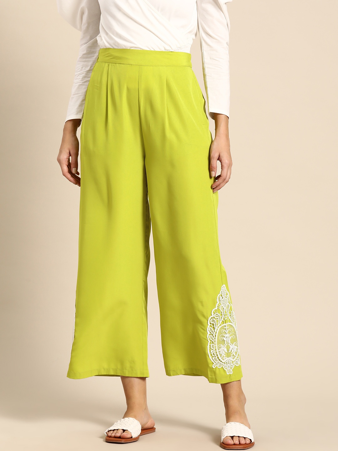 

Sangria Women Flared Cropped Palazzos, Lime green