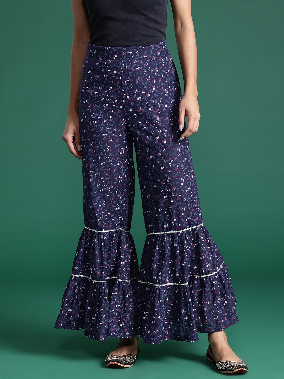 

Sangria Gotta Patti Detailed Ethnic Printed Palazzos, Navy blue