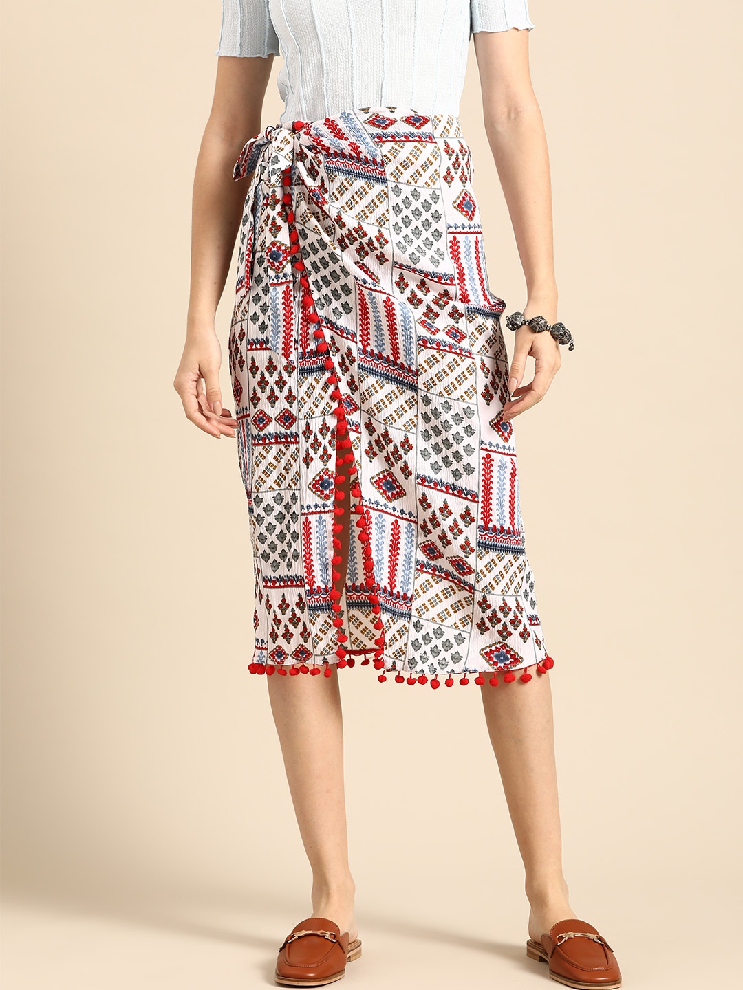 

Sangria Women Printed Wrap Midi Skirt, White