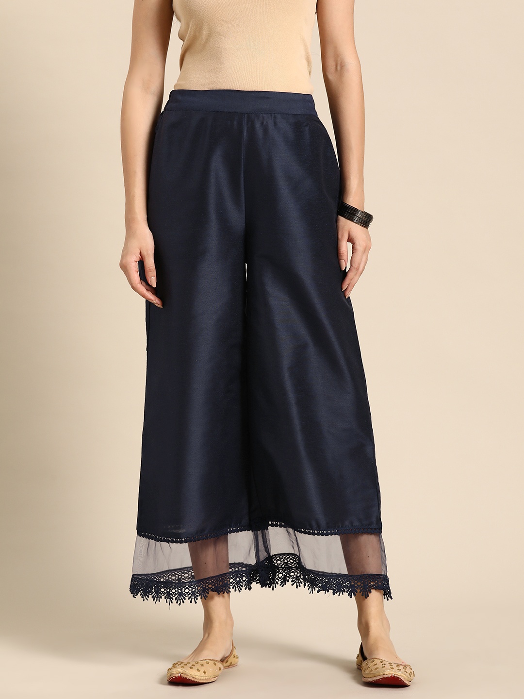 

Sangria Women Lace Inserted Ethnic Palazzos, Navy blue