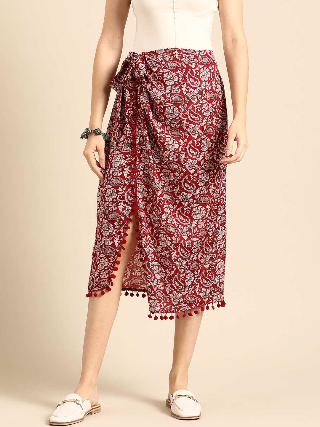 

Sangria Women Printed Wrap Midi Skirt, Maroon