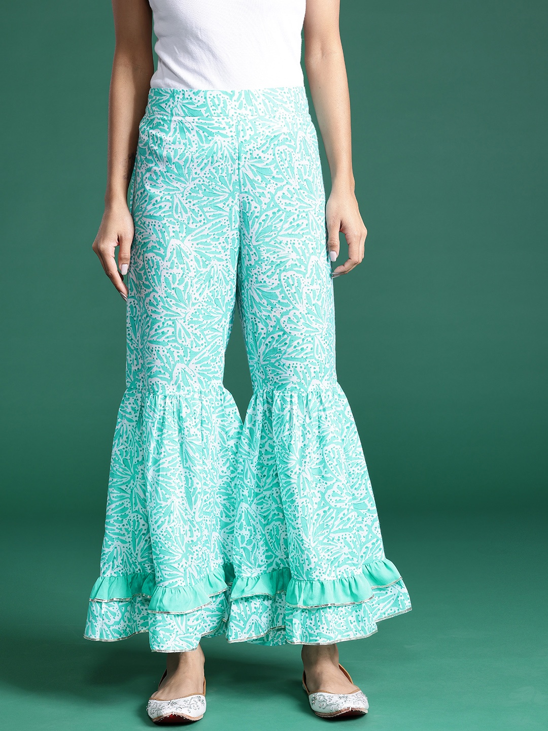 

Sangria Gotta Patti Detailed Ruffled Ethnic Printed Palazzos, Sea green