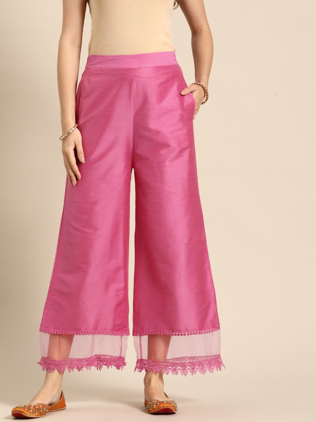 

Sangria Women Lace Inserted Ethnic Palazzos, Pink