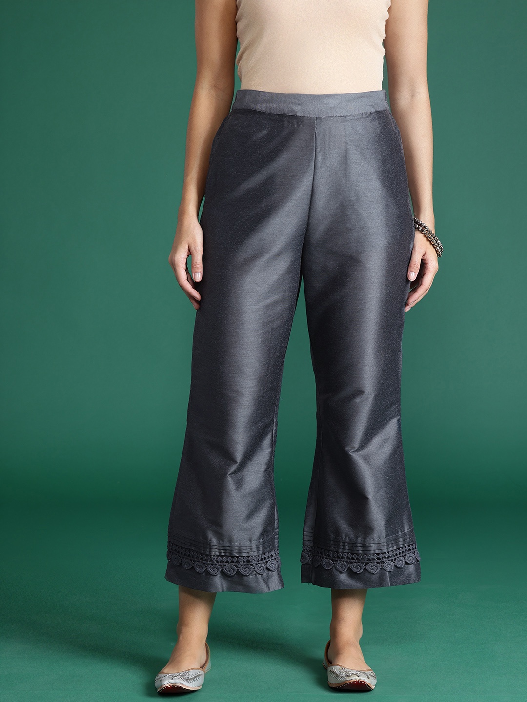 

Sangria Solid Lace Detailed Flared Fit Palazzos, Charcoal