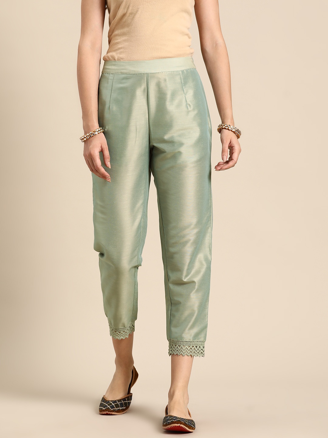 

Sangria Women Lace Inserted Ethnic Trousers, Sea green