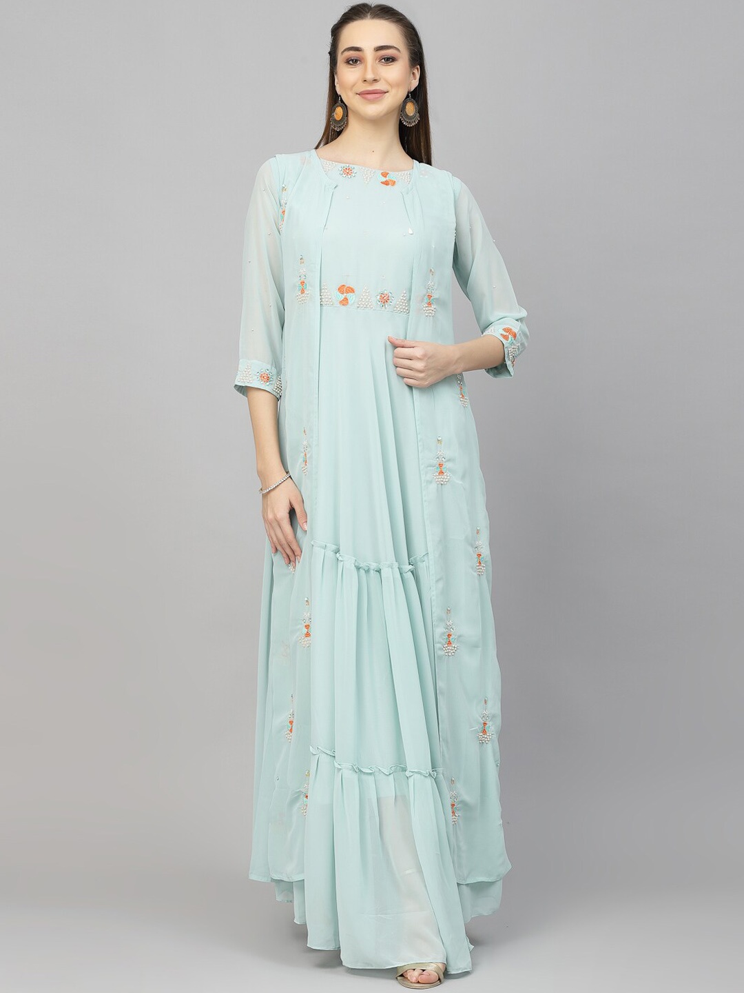 

KALINI Embellished A-Line Ethnic Dress With Shrug, Sea green