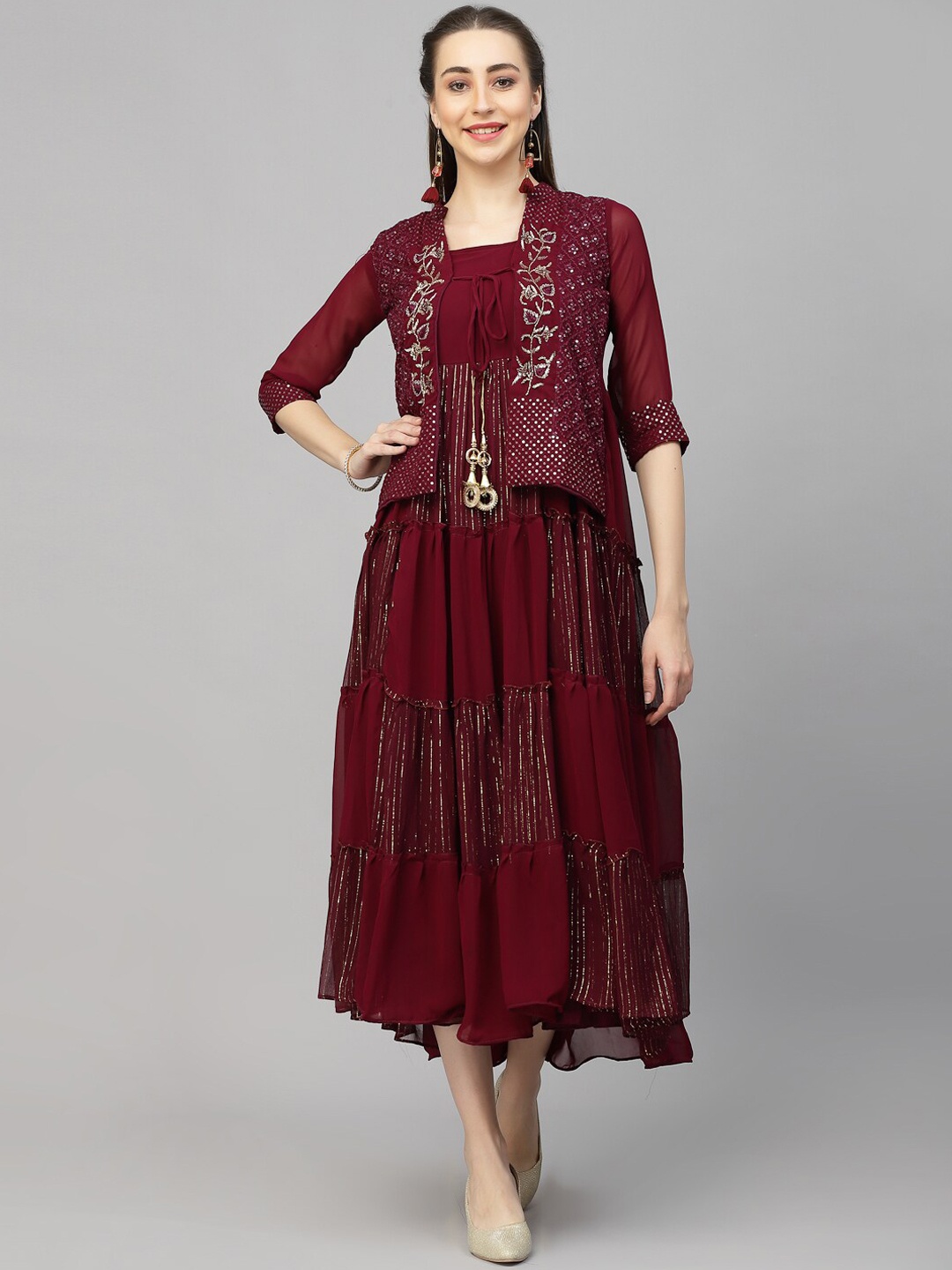 

KALINI Floral Embroidered Sequined Tiered High-Low Fit & Flare, Maroon
