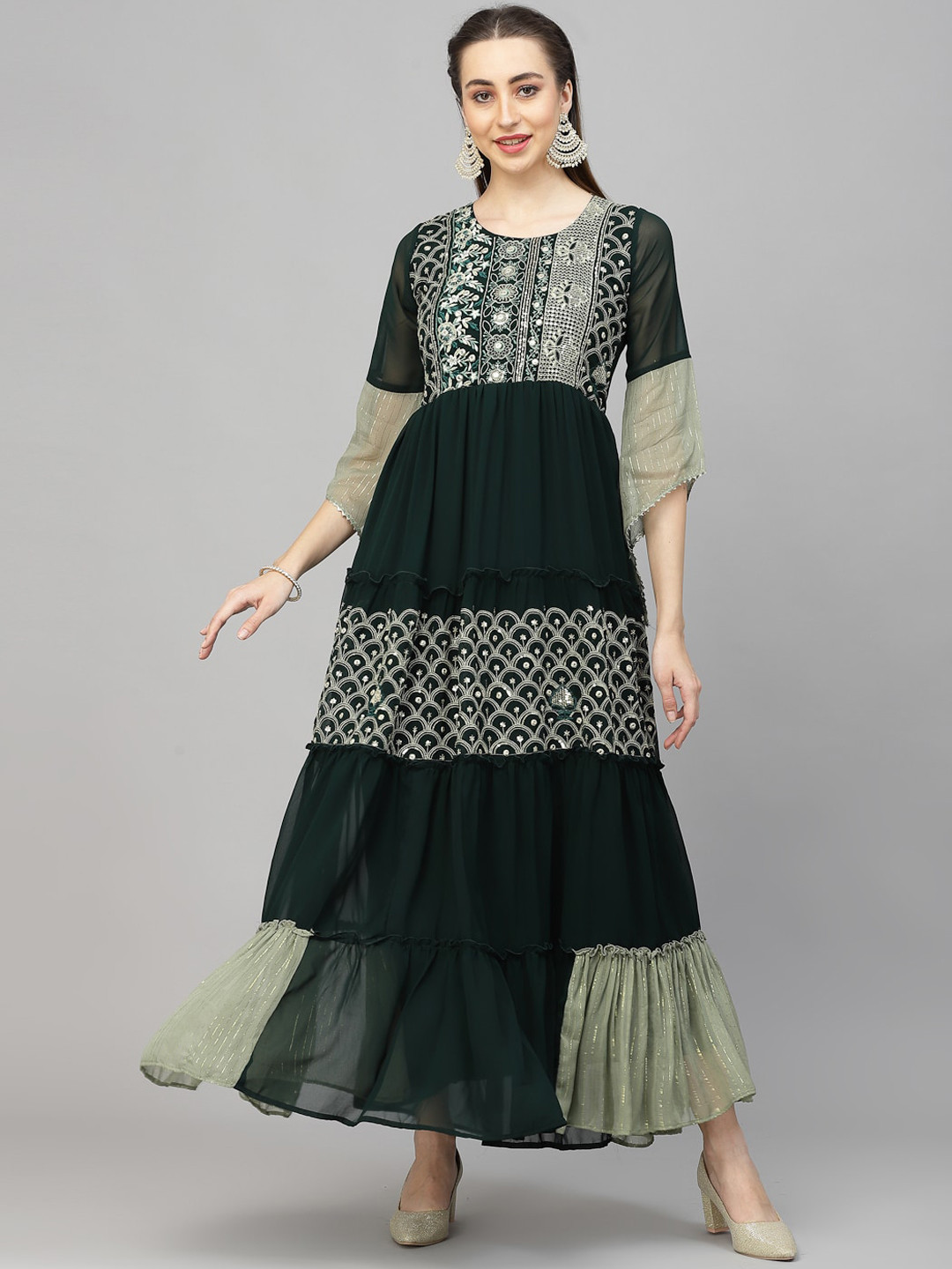 

KALINI Floral Embroidered Sequined Tiered Maxi Fit & Flare, Green