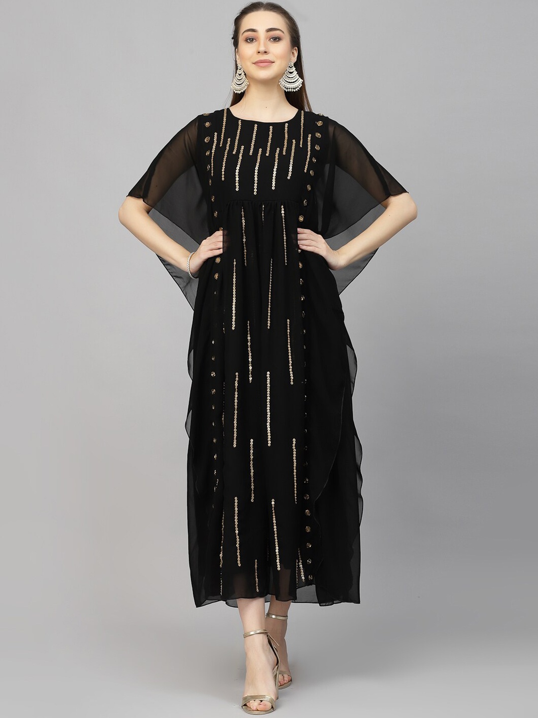 

KALINI Embellished Sequined Kimono Sleeve A-Line Dress, Black