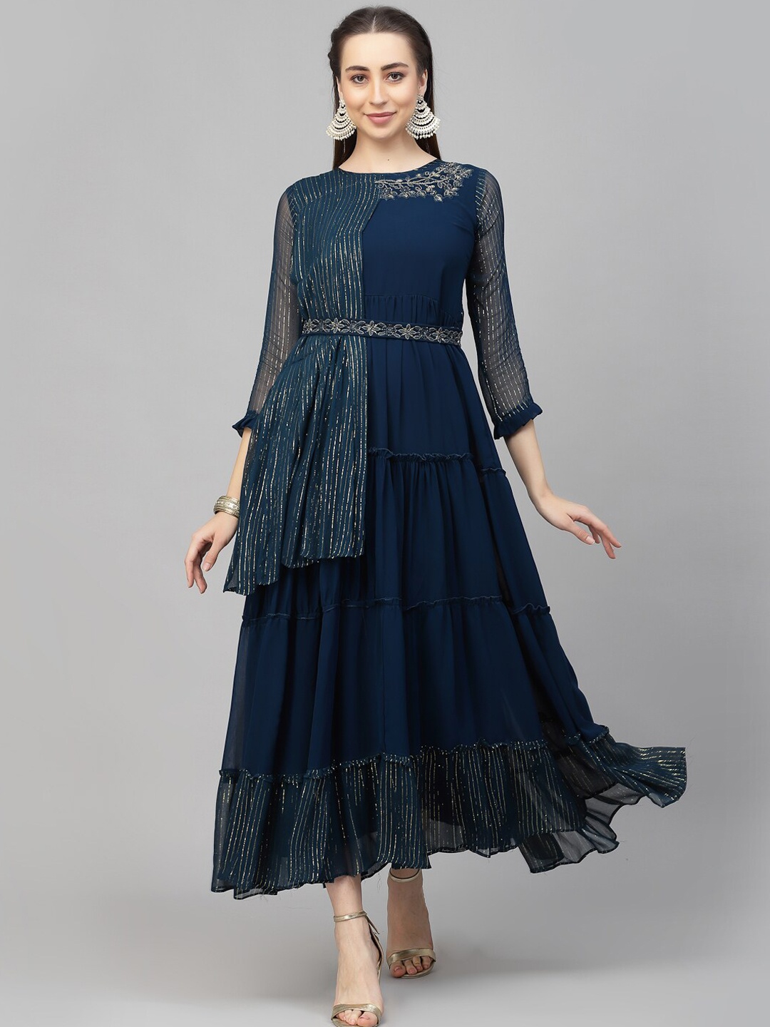 

KALINI Floral Embroidered Tiered Maxi Fit & Flare, Blue