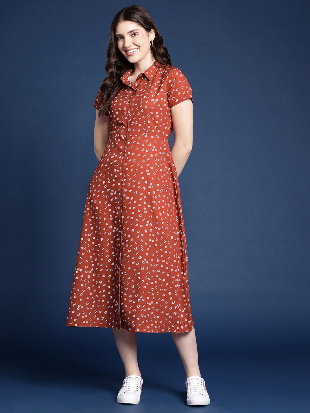

Mast & Harbour Floral Printed Shirt Style Midi Dress, Rust