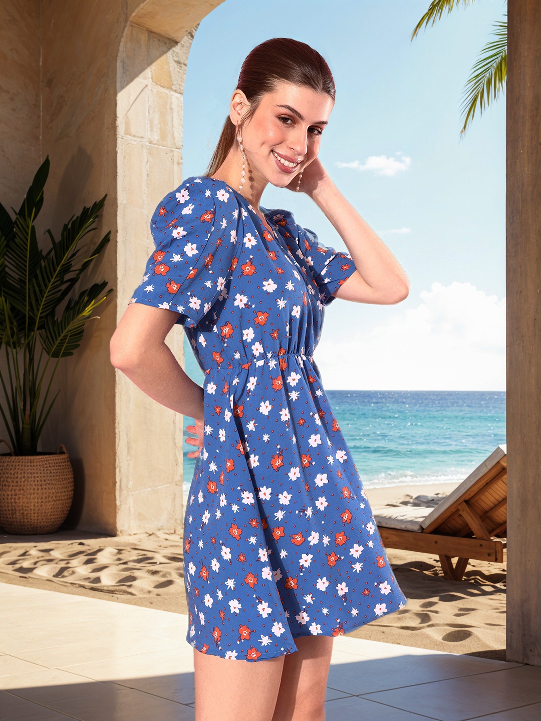 

Mast & Harbour Floral Print Wrap Mini Dress, Blue