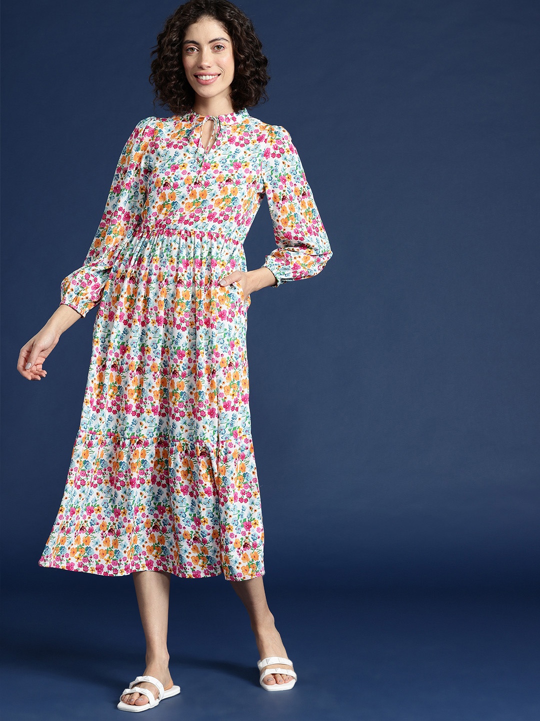 

Mast & Harbour Floral Print Tie-Up Neck Tiered A-Line Midi Dress, Off white