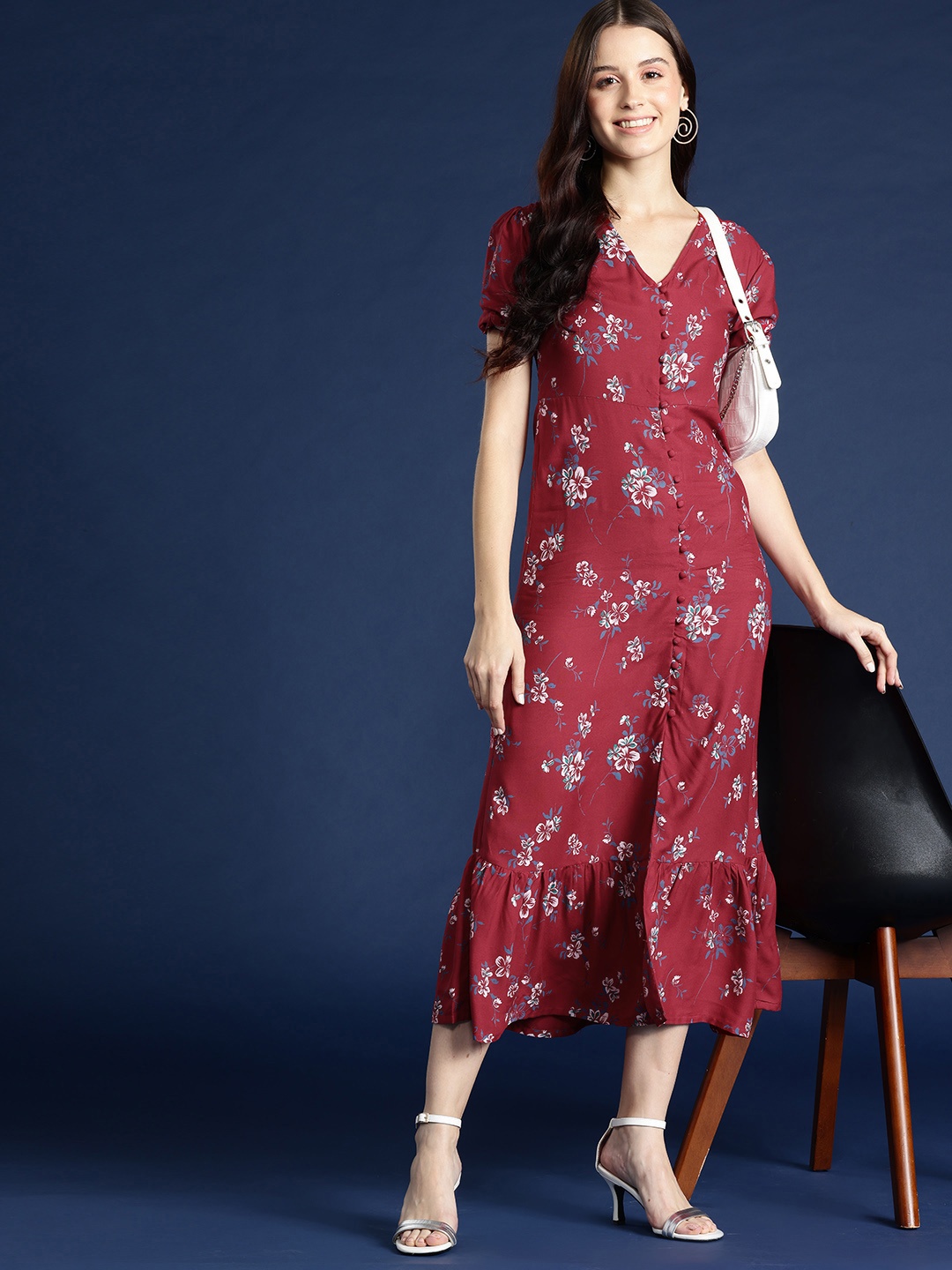 

Mast & Harbour Floral Print Puff Sleeves A-Line Midi Dress, Maroon