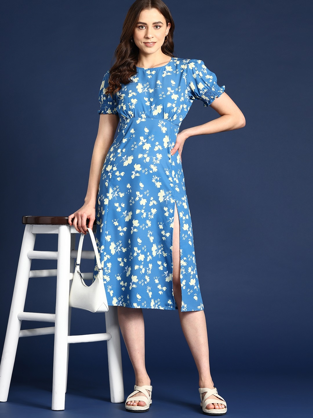 

Mast & Harbour Floral Print Slit A-Line Dress, Blue