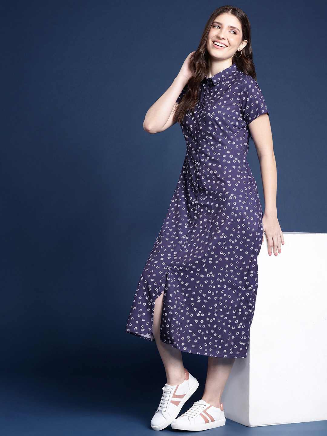

Mast & Harbour Floral Printed Shirt Style Midi Dress, Violet