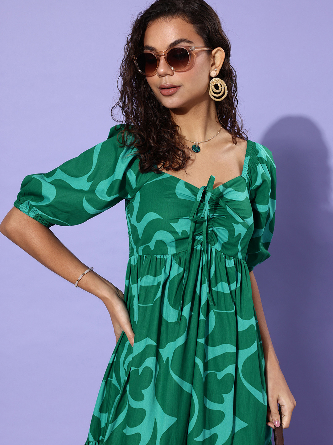 

Mast & Harbour Pure Cotton Printed Tie-Up Neck Hello Monsoon-Resort Lounge A-Line Dress, Green