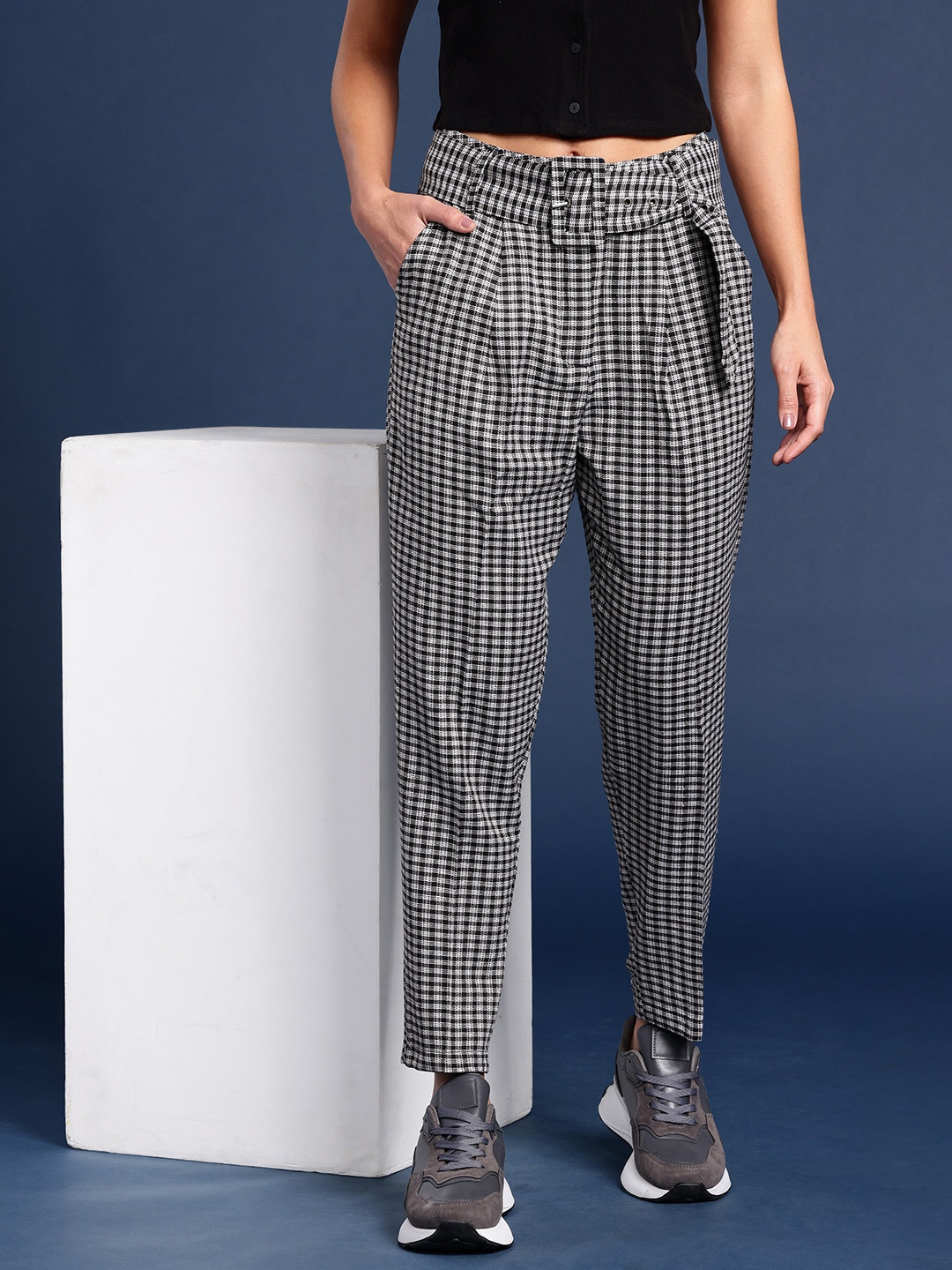 

Mast & Harbour Women Pure Cotton Checked Trousers, Black